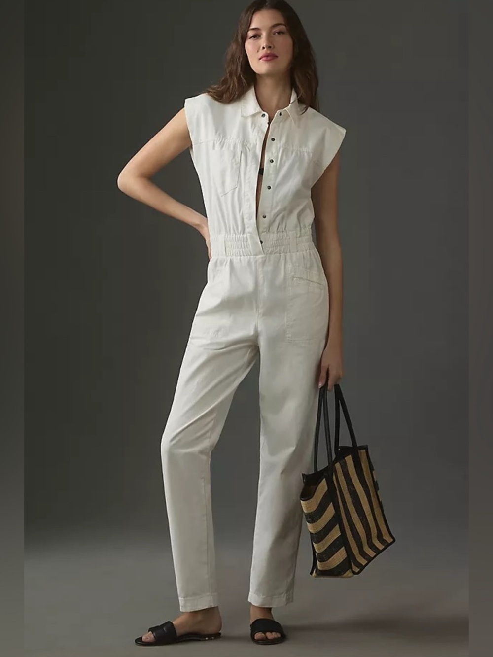 Pistola Rosie White Jumpsuit Cinched Waist Denim Straight Leg Size Medium